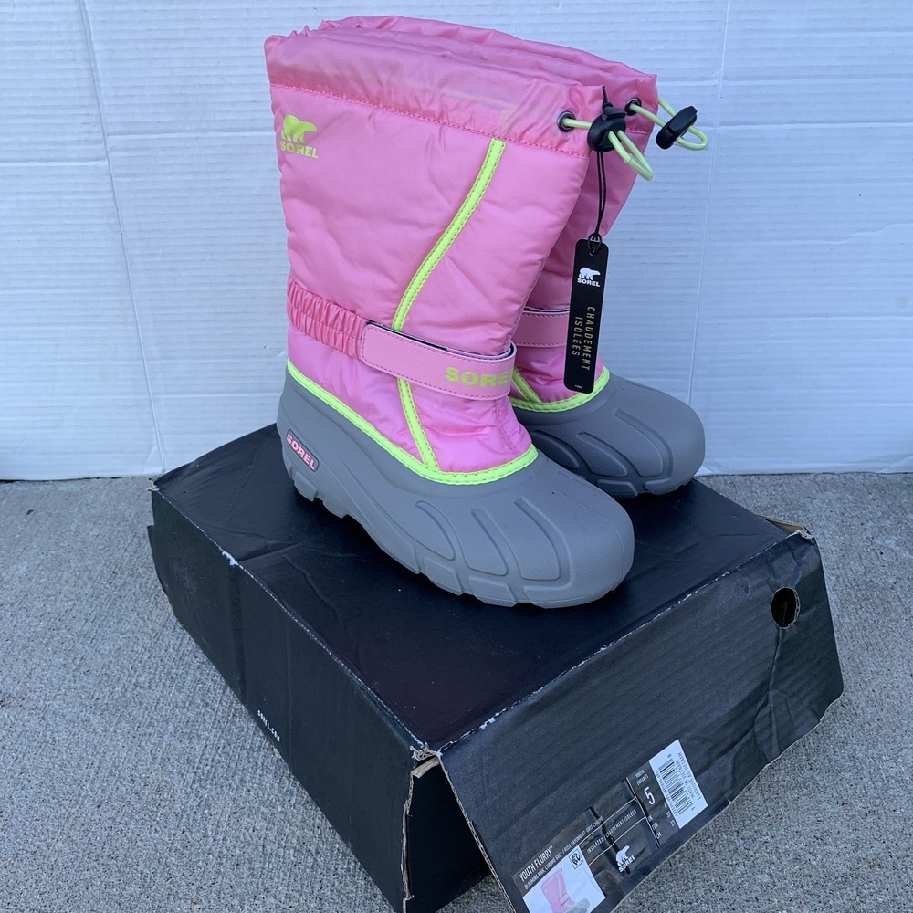 Sorel Youth 5 Snow Boots Flurry Pull On Pink Insulated NEW